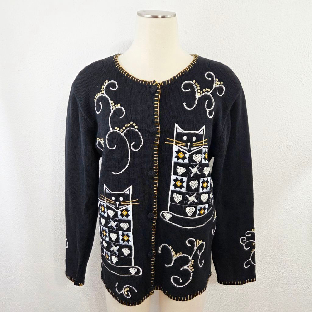 Vintage cat lady cardigan sweater black white knit button down women's sz small